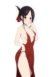 Rule 34 | 1girl, bare shoulders, black hair, blush, breasts, cleavage, closed mouth, clothes lift, coro fae, dot nose, dress, dress lift, evening gown, folded ponytail, hand up, highres, kaguya-sama wa kokurasetai ~tensai-tachi no renai zunousen~, lifting own clothes, looking at viewer, nervous smile, no bra, no panties, paid reward available, plunging neckline, red dress, red eyes, red ribbon, ribbon, shinomiya kaguya, sidelocks, simple background, small breasts, smile, solo, spaghetti strap, sweatdrop, thighs, white background