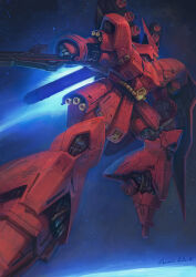 Rule 34 | beam rifle, cable, char&#039;s counterattack, commentary, damaged, dirty, energy gun, english commentary, gundam, highres, hose, in orbit, machinery, mecha, missile pod, mobile suit, no humans, realistic, robot, sazabi, science fiction, shield, signature, space, star (symbol), starry background, thomas-elliott-art, thrusters, tube, weapon, zeon