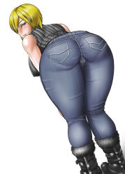 Rule 34 | 1girl, ass, aya brea, bad id, bad pixiv id, bare shoulders, bent over, blonde hair, blue eyes, blush, boots, breasts, cameltoe, come hither, covered erect nipples, denim, female focus, from behind, hair over one eye, highres, huge ass, huge breasts, jeans, large breasts, leaning, leaning forward, looking at viewer, looking back, mole, mole under mouth, naughty face, pants, pantylines, parasite eve, ribbed sweater, saru panitumu, short hair, sideboob, simple background, skin tight, sleeveless, sleeveless turtleneck, smile, solo, sweater, turtleneck, white background