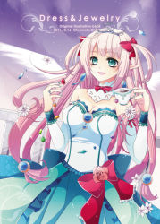 Rule 34 | 1girl, aqua eyes, blush, bow, breasts, cup, detached collar, detached sleeves, dress, female focus, flower, gradient background, hair bow, jewelry, long hair, medium breasts, mireisaki, nail polish, original, outdoors, pink hair, plant, pointy ears, ring, sky, smile, solo, star (sky), strapless, strapless dress, teacup, wings, wrist cuffs