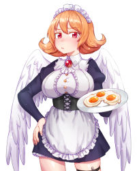 Rule 34 | 1girl, aesice, apron, black dress, blush, breasts, contrapposto, corset, cowboy shot, dress, egg, egg (food), feathered wings, flipped hair, food, fried egg, frilled apron, frills, gem, hair between eyes, hand on own hip, harpy, highres, ishuzoku reviewers, large breasts, long sleeves, looking at viewer, maid headdress, meidri, monster girl, nose blush, orange hair, puffy long sleeves, puffy sleeves, red eyes, short hair, simple background, solo, thigh strap, white apron, white background, wings