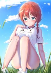 Rule 34 | 1girl, :o, absurdres, aqua eyes, artist name, artist request, bare legs, blue eyes, blue shorts, blue sky, blush, braid, breasts, brown hair, cloud, day, emma verde, female focus, freckles, full body, hair between eyes, hand on own breast, highres, knees up, long hair, looking at viewer, love live!, love live! nijigasaki high school idol club, medium breasts, outdoors, panaham, parted lips, red hair, shirt, shoes, short hair, short shorts, shorts, sitting, sky, smile, solo, twin braids, twintails, white footwear, white shirt