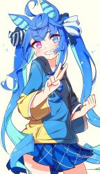 Rule 34 | 1girl, @ @, ahoge, alternate costume, animal ears, blue eyes, blue sky, blush, clenched hand, cowboy shot, crossed bangs, flat chest, grin, highres, hood, hood down, hoodie, horse ears, horse girl, horse tail, kiromo, long hair, long sleeves, looking at viewer, miniskirt, pink eyes, pleated skirt, simple background, skirt, sky, smile, solo, tail, twin turbo (umamusume), twintails, twitter username, umamusume, v, white background