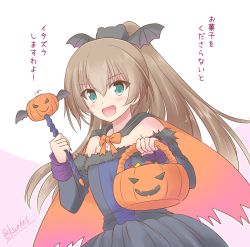 Rule 34 | 1girl, alternate costume, bat wings, black dress, brown hair, cape, commentary request, dress, frilled dress, frills, green eyes, highres, jack-o&#039;-lantern, kantai collection, kumano (kancolle), long hair, looking at viewer, off-shoulder dress, off shoulder, one-hour drawing challenge, orange cape, ponytail, shizuna kaede, solo, translation request, wand, wings