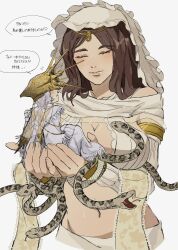 Rule 34 | 1boy, 1girl, absurdres, animal, blush, breasts, brother and sister, brown hair, cleavage, closed eyes, closed mouth, dark souls (series), dark souls i, dark sun gwyndolin, dress, giant, giantess, gold headwear, grey dress, hands up, helmet, highres, hood, hood up, large breasts, long hair, long sleeves, navel, queen of sunlight gwynevere, shiny skin, siblings, snake, speech bubble, stomach, translation request, zunkome