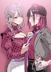 Rule 34 | 2girls, belt, black choker, black hair, black nails, blue eyes, blush, bow, braid, breasts, chigusa minori, choker, cleavage cutout, closed mouth, clothing cutout, collared shirt, colored inner hair, cowboy shot, dated, dress shirt, french braid, gradient background, gradient nails, grey hair, grey jacket, hair between eyes, hair bow, hair ornament, hairclip, half updo, hand on own hip, highres, jacket, juliet sleeves, large breasts, long hair, long sleeves, looking at another, multicolored hair, multiple girls, nail polish, open clothes, open jacket, puffy sleeves, purple background, purple belt, purple bow, purple eyes, purple hair, purple nails, purple shirt, saotome shino (shino to ren), shino to ren, shirayuki ren, shirt, short hair, signature, skirt, twin braids, tying necktie, unmoving pattern, white skirt