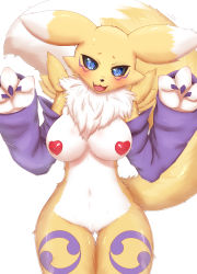 Rule 34 | 1girl, :3, animal ears, animal hands, animal nose, areola slip, black sclera, blue eyes, blush, body fur, breasts, claw pose, claws, colored sclera, covered erect nipples, cowboy shot, detached sleeves, digimon, digimon (creature), facial mark, fang, female focus, fox ears, fox girl, fox tail, furry, furry female, gluteal fold, hands up, happy, head tilt, heart pasties, highres, horokusa (korai), large breasts, large tail, leg tattoo, navel, neck fur, nude, open mouth, pasties, purple sleeves, renamon, simple background, smile, solo, standing, stomach, sweat, tail, tail raised, tattoo, tongue, two-tone fur, white background, white fur, wide hips, yellow fur
