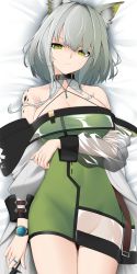 Rule 34 | 1girl, absurdres, animal ear fluff, animal ears, arknights, arm under breasts, bare shoulders, bed sheet, breasts, buckle, cat ears, cleavage, closed mouth, coat, collarbone, dakimakura (medium), dress, green dress, green eyes, grey hair, groin, highres, holding, holding syringe, jewelry, kal&#039;tsit (arknights), long sleeves, looking at viewer, lying, material growth, medium breasts, no panties, on back, on bed, open clothes, open coat, oripathy lesion (arknights), ring, see-through, short dress, short hair, solo, syringe, v-shaped eyebrows, watch, white coat, wristwatch, z.taiga