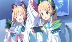 Rule 34 | 2girls, animal ear headphones, arm up, blonde hair, blouse, blue archive, blue necktie, cat ear headphones, cat tail, closed eyes, fake animal ears, hair ribbon, halo, handheld game console, headphones, highres, holding, holding handheld game console, ikawa waki, jacket, midori (blue archive), momoi (blue archive), multiple girls, necktie, nintendo switch, off shoulder, playing games, ribbon, school uniform, shirt, siblings, sisters, tail, tearing up, teeth, twins, upper teeth only, white shirt
