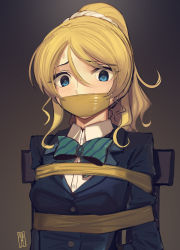 Rule 34 | 1girl, ayase eli, bdsm, blazer, blonde hair, blue eyes, blue jacket, bondage, bound, bow, bowtie, cad (caddo), commentary request, gag, gagged, green bow, green bowtie, hair between eyes, highres, improvised gag, jacket, love live!, love live! school idol project, ponytail, shirt, solo, tape, tape gag, upper body, white shirt