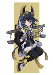 Rule 34 | 1boy, animal ears, black eyes, black hair, bloomminority, fantasy, full body, gloves, goggles, goggles on head, head scarf, highres, jackal boy, jackal ears, long sleeves, male focus, multicolored background, original, parted lips, short hair, solo, white background, yellow background