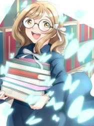 Rule 34 | 1girl, artist name, artist request, blue bow, blue butterfly, blue dress, blue skirt, blush, book, bow, breasts, brown eyes, brown hair, bug, butterfly, buttons, dress, female focus, frilled sleeves, frills, glasses, hair between eyes, hair bow, highres, holding, holding book, indoors, insect, kunikida hanamaru, library, light brown hair, long hair, long sleeves, looking at viewer, love live!, love live! school idol festival, love live! sunshine!!, miniskirt, mitaiken horizon, mitaiken horizon (love live!), parted lips, plaid, plaid dress, plaid skirt, pleated, pleated dress, pleated skirt, ribbon, skirt, smile, solo, striped bow, striped ribbon, white bow, white ribbon, yellow eyes