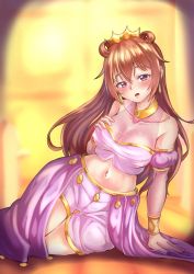 Rule 34 | 1girl, artist name, artist request, bare legs, blush, bracelet, breasts, brown hair, butterfly (love live!), choker, cleavage, clothing cutout, collarbone, cropped shirt, crown, detached sleeves, double bun, dress, dress shirt, earrings, female focus, gold bracelet, hair between eyes, hair bun, hair rings, hand on own breast, harem outfit, highres, jewelry, konoe kanata, long hair, looking at viewer, love live!, love live! nijigasaki high school idol club, love live! school idol festival, medium breasts, navel, parted lips, puffy short sleeves, puffy sleeves, purple eyes, purple shirt, purple shorts, purple sleeves, shirt, short sleeves, shorts, shoulder cutout, sitting, smile, solo, thighhighs, two side up, yellow bracelet, yellow choker