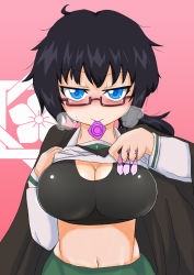 Rule 34 | 10s, 1girl, artist request, black hair, blue eyes, blush, breasts, cleavage, clothes lift, condom, condom in mouth, girls und panzer, glasses, messy hair, mouth hold, navel, oryou (girls und panzer), school uniform, shirt lift, solo, used condom