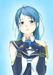 Rule 34 | 10s, 1girl, blue background, blue eyes, blue gloves, blue hair, elbow gloves, gloves, highres, kantai collection, long hair, looking at viewer, matching hair/eyes, personification, ponytail, samidare (kancolle), school uniform, serafuku, solo, venezia (fanfoo), very long hair