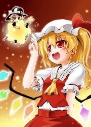 Rule 34 | 2girls, :d, arm behind back, ascot, black footwear, blonde hair, blush, chibi, collarbone, crystal, flandre scarlet, frilled sleeves, frills, hair between eyes, hand on headwear, hat, heart, hisame genta, kirisame marisa, light particles, long hair, looking at another, mary janes, mob cap, motion lines, multicolored background, multiple girls, open mouth, poking, puffy short sleeves, puffy sleeves, red eyes, red shirt, red skirt, shirt, shoes, short sleeves, side ponytail, skirt, smile, star (symbol), sweatdrop, touhou, wings, witch, witch hat, yellow eyes