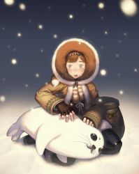 Rule 34 | 1girl, bad id, bad pixiv id, brown hair, fingerless gloves, gloves, highres, morry, open mouth, original, seal (animal), snowing, solo