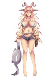 Rule 34 | 1girl, antlers, ayakase riberi, barefoot, bikini, bikini top only, blush, breasts, closed mouth, criss-cross halter, fingernails, full body, hair between eyes, halterneck, highres, hood, hoodie, horns, large breasts, long fingernails, long hair, looking at viewer, messy hair, navel, off shoulder, open clothes, open fly, open hoodie, original, pink eyes, pink hair, short shorts, shorts, smile, solo, standing, swimsuit, very long hair, virtual youtuber