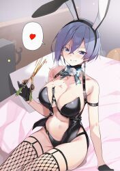 1girl animal_ear_hairband animal_ears armpit_crease bare_shoulders bed black_choker black_gloves black_hairband black_panties black_thighhighs blue_bow blue_bowtie blue_eyes blush bow bowtie breasts choker cleavage commentary counter:side ddolggol earrings fake_animal_ears fishnet_thighhighs fishnets flower gloves grin groin hair_between_eyes hairband heart highres holding holding_scissors jewelry large_breasts levia_thanis looking_at_viewer machine-g.a.p. motion_lines multicolored_bow multicolored_bowtie neck_flower nontraditional_playboy_bunny official_alternate_costume on_bed open_clothes panties pillow purple_hair rabbit_ear_hairband rabbit_ears rose scissors short_hair single_earring skindentation smile solo_focus speech_bubble spoken_heart sweatdrop thighhighs torn_straps triangle_ring twitching underwear white_bow white_bowtie white_flower white_rose