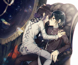 Rule 34 | 2boys, ahoge, black hair, black jacket, black pants, black scarf, blush, buttons, chair, checkered clothes, checkered scarf, commentary request, danganronpa (series), danganronpa v3: killing harmony, double-breasted, eye contact, gradient hair, grey background, grey jacket, grey pants, hand up, jacket, long sleeves, looking at another, male focus, multicolored hair, multiple boys, oma kokichi, onko, pants, parted lips, purple hair, saihara shuichi, scarf, short hair, sitting, sitting on lap, sitting on person, striped clothes, striped jacket, teeth, two-tone hair, yaoi, yellow eyes
