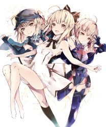 Rule 34 | 10s, 3girls, :d, ahoge, armpits, artoria pendragon (all), artoria pendragon (fate), artoria pendragon (lancer) (fate), bare arms, bare legs, bare shoulders, barefoot, baseball cap, black bow, black hat, black thighhighs, blonde hair, blue gloves, blue leotard, blush, bow, braid, breasts, carnival phantasm, cleavage, closed mouth, commentary request, dress, elbow gloves, fate/extella, fate/extra, fate/grand order, fate/stay night, fate/unlimited codes, fate (series), fingerless gloves, fingernails, gloves, green eyes, groin, hair bow, hair through headwear, hat, highres, kyuu (plastic night q), leotard, medium breasts, multiple girls, mysterious heroine x (fate), mysterious heroine x (third ascension) (fate), mysterious heroine x alter (fate), mysterious heroine x alter (third ascension) (fate), open mouth, rojiura satsuki: chapter heroine sanctuary, saber lily, smile, standing, standing on one leg, strapless, strapless dress, thighhighs, thumbs up, white background, white dress, yellow eyes
