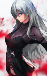 Rule 34 | 1girl, absurdres, android, ass, black dress, blood, blue eyes, breasts, dress, elbow gloves, gloves, grey background, hair between eyes, highres, joints, large breasts, lips, long hair, looking at viewer, looking to the side, mole, mole under mouth, nier (series), nier:automata, shoulder strap, silver hair, simple background, solo, ura dora, a2 (nier:automata)