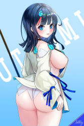 Rule 34 | 1girl, absurdres, ass, back, bad id, bad pixiv id, bare shoulders, black hair, blue background, blue eyes, blue ribbon, blush, breasts, character name, collarbone, dress, fate/grand order, fate/requiem, fate (series), fundoshi, highres, japanese clothes, large breasts, lillly, long sleeves, looking at viewer, looking back, magatama, magatama hair ornament, medium hair, multicolored hair, open mouth, pelvic curtain, pink hair, polearm, puffy long sleeves, puffy sleeves, ribbon, seigaiha, short dress, sideboob, sideless outfit, streaked hair, thighs, utsumi erice, weapon, white dress