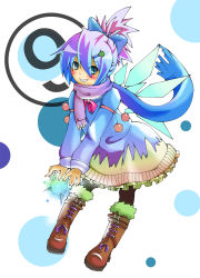 Rule 34 | circled 9, 1girl, alternate color, alternate costume, alternate hairstyle, bad id, bad pixiv id, blue eyes, blue hair, boots, bow, cirno, coat, food, food-themed hair ornament, fruit, gradient hair, hair bow, hair ornament, hairclip, highres, kittsun, matching hair/eyes, multicolored hair, pantyhose, perfect cherry blossom, scarf, shiro (kiron), short hair, solo, touhou, watermelon, wings