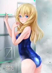 Rule 34 | 1girl, against wall, ass, blonde hair, breasts, come hither, from side, haruhata4814, haruhata mutsuki, highres, legs, long hair, looking at viewer, medium breasts, one-piece swimsuit, parted lips, seductive smile, smile, solo, swimsuit, thighs