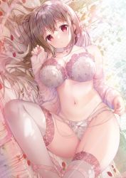 Rule 34 | 1girl, bed sheet, bow, bra, breasts, brown hair, cleavage, collarbone, crossed bangs, dengeki moeou, dress shirt, garter straps, hair between eyes, hair bow, hanahanamaki, highres, lace, lace-trimmed bra, lace trim, large breasts, long hair, long sleeves, looking at viewer, lying, maeda shiori, nail polish, on side, open clothes, open shirt, original, panties, parted lips, red eyes, shirt, sidelocks, signature, solo, sousouman, thighhighs, thighs, twinbox school, underwear, white bra, white panties, white shirt, white thighhighs