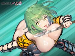 1girl ass breasts butt_crack claws cleavage crazy_eyes downpants green_hair highres hikage_(senran_kagura) knife large_breasts leaning_forward naughty_face senran_kagura shiny_skin smile solo tongue tongue_out yaegashi_nan yellow_eyes