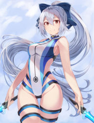 Rule 34 | 1girl, absurdres, beisaku bei, blue bow, blue one-piece swimsuit, bow, breasts, commentary request, competition swimsuit, dual wielding, energy sword, fate/grand order, fate (series), hair between eyes, hair bow, highleg, highleg swimsuit, highres, holding, holding sword, holding weapon, long hair, medium breasts, multicolored clothes, multicolored swimsuit, one-piece swimsuit, ponytail, red eyes, silver hair, smile, solo, swimsuit, sword, tomoe gozen (fate), tomoe gozen (swimsuit saber) (fate), tomoe gozen (swimsuit saber) (first ascension) (fate), very long hair, weapon, white one-piece swimsuit