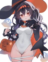 Rule 34 | 1girl, bandaged leg, bandages, black cape, black hat, blush, breasts, cape, chestnut mouth, commentary, ghost, hair between eyes, halloween, hat, highleg, highleg leotard, highres, leotard, long hair, medium breasts, miebao, orange cape, orange eyes, original, solo, sweat, symbol-only commentary, two-tone cape, wavy hair, white leotard, witch hat