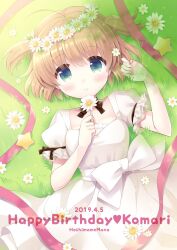 Rule 34 | 1girl, 2019, ahoge, alternate costume, alternate hairstyle, aqua eyes, artist name, blonde hair, blush, bow, character name, closed mouth, commentary request, cowboy shot, dated, day, dress, dress bow, eyes visible through hair, flower, flower wreath, frilled sleeves, frills, from above, grass, hair between eyes, hair ornament, happy birthday, head wreath, highres, holding, holding flower, hoshimame mana, kamikita komari, little busters!, long ribbon, looking at viewer, lying, on back, on grass, outdoors, puffy short sleeves, puffy sleeves, red ribbon, ribbon, short hair, short sleeves, smile, solo, star (symbol), star hair ornament, tareme, two side up, unworn hair ornament, white bow, white dress, white flower