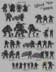 absurdres adeptus_astartes ammunition_belt ammunition_pouch arm_cannon armor armored_vehicle assault_visor astra_militarum bandana belt_pouch black_armor bolter bucket_hat burning camouflage character_name character_sheet combat_knife commentary conical_hat energy_gun english_commentary english_text extra_arms flamethrower glaive_(polearm) green_armor grey_background gun halberd halo halo_behind_head hammer hat head_scarf heavy_bolter highres holding holding_bolter holding_gun holding_hammer holding_knife holding_polearm holding_scythe holding_shield holding_staff holding_sword holding_weapon huge_weapon knife lasgun lightning mecha mechanical_arms mechanical_halo military military_vehicle missile_pod motor_vehicle multicolored_armor polearm pouch power_armor power_fist purity_seal radio_antenna railgun red_visor robot rocket_launcher scythe shield shoulder_cannon size_comparison skull skull_ornament smoke_trail spikes staff sword terminator_armor thegraffitisoul thigh_pouch titanfall_(series) turret war_hammer warhammer_40k weapon