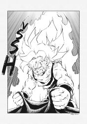 Rule 34 | 1boy, absurdres, aura, clenched teeth, comic, commentary, crying, dragon ball, dragonball z, eegiiartto, english commentary, highres, long hair, male focus, monochrome, muscular, muscular child, muscular male, signature, solo, son gohan, son gohan (future), speed lines, super saiyan, super saiyan 1, tears, teeth