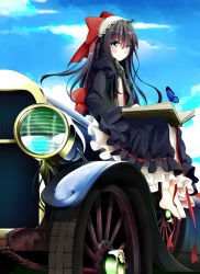 Rule 34 | 1girl, absurdres, barefoot, black dress, blue eyes, book, bow, bug, butterfly, car, cloud, day, dress, gothic lolita, hair bow, highres, insect, lolita fashion, long hair, motor vehicle, on vehicle, original, outdoors, reading, ribbon, shiqimu, sitting, sky, smile, solo, toes