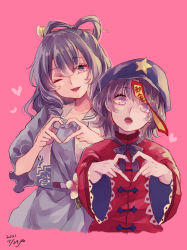 Rule 34 | 2girls, :d, :o, belt, blue dress, blue eyes, blue hair, bow, bowtie, breasts, cabbie hat, collarbone, cropped torso, dated, dress, finger heart, flat chest, flower, hair ornament, hair rings, hair stick, hat, hat ornament, head tilt, heart, heart-shaped pupils, jiangshi, kaku seiga, long hair, looking at viewer, m (neteitai10), medium breasts, miyako yoshika, multiple girls, ofuda, one eye closed, open clothes, open mouth, open vest, pink background, pink flower, purple bow, purple eyes, purple hair, purple headwear, purple neckwear, red shirt, shirt, short hair, simple background, smile, star (symbol), star hat ornament, symbol-shaped pupils, touhou, upper body, vest, white vest, wide sleeves