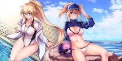 Rule 34 | 2girls, absurdres, ahoge, artoria pendragon (fate), bare legs, bikini, blonde hair, blue eyes, blue sky, breasts, cloud, collarbone, competition swimsuit, fate/grand order, fate (series), glasses, hamlet, hat, highres, jacket, jeanne d&#039;arc (fate), jeanne d&#039;arc (ruler) (fate), jeanne d&#039;arc (swimsuit archer) (fate), jeanne d&#039;arc (swimsuit archer) (second ascension) (fate), jeffrey10, long hair, looking at viewer, multiple girls, mysterious heroine x (fate), mysterious heroine xx (fate), ocean, one-piece swimsuit, open mouth, ponytail, pool, sitting, sky, stomach, swimsuit, whistle, white bikini, white one-piece swimsuit