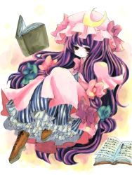 1girl book bow crescent crescent_hair_ornament edo. female_focus hair_bow hair_ornament hat hat_bow long_hair patchouli_knowledge purple_eyes purple_hair sash solo touhou very_long_hair