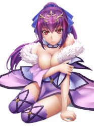 Rule 34 | 1girl, areola slip, arm support, boots, breasts, covering privates, covering breasts, dress, fate/grand order, fate (series), fur-trimmed dress, fur trim, hair between eyes, headpiece, highres, kneeling, large breasts, looking at viewer, purple dress, purple hair, purple ribbon, red eyes, ribbon, sakuya (liao kj), scathach (fate), scathach skadi (fate), scathach skadi (third ascension) (fate), solo, thigh boots, thighhighs, tiara, torn clothes