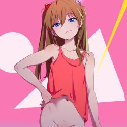 Rule 34 | 1girl, blue eyes, bottomless, brown hair, closed mouth, hair between eyes, hair ornament, hand on own hip, head tilt, highres, long hair, looking at viewer, mebae, navel, neon genesis evangelion, no panties, out-of-frame censoring, solo, souryuu asuka langley, tank top, two side up