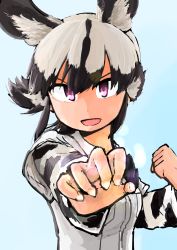 Rule 34 | 10s, 1girl, african wild dog (kemono friends), african wild dog print, animal ears, black hair, breast pocket, clenched hand, commentary, dog ears, extra ears, fighting stance, grey hair, hair between eyes, hands up, highres, kemono friends, layered sleeves, long sleeves, multicolored hair, open mouth, outstretched arm, pink eyes, pocket, rumenia (ao2is), shirt, short hair, short over long sleeves, short sleeves, smile, solo, two-tone background, upper body, white shirt