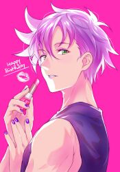 Rule 34 | 1boy, black shirt, cosmetics, delicious party precure, girly boy, green eyes, hair between eyes, happy birthday, highres, holding, holding lipstick tube, kyoutsuugengo, lipstick tube, looking at viewer, male focus, nail polish, parted lips, pink background, precure, purple hair, purple nails, rosemary (precure), shirt, short hair, simple background, sleeveless, sleeveless shirt, solo