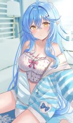 Rule 34 | 1girl, ahoge, arms between legs, bare shoulders, blue hair, blue jacket, blush, breasts, camisole, cleavage, closed mouth, collarbone, cowboy shot, crossed bangs, floor lamp, hair between eyes, heart, heart ahoge, highres, hololive, indoors, jacket, large breasts, long bangs, long hair, looking at viewer, nibosi, off shoulder, on bed, open clothes, open jacket, pointy ears, polka dot camisole, shirt, sidelocks, sitting, sleeveless, sleeveless shirt, solo, straight hair, striped clothes, striped jacket, virtual youtuber, white camisole, window blinds, window shadow, yellow eyes, yukihana lamy