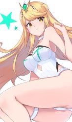 Rule 34 | 1girl, ass, bare shoulders, blonde hair, blush, breasts, cleavage, earrings, gem, grimmelsdathird, headpiece, highres, jewelry, large breasts, long hair, looking at viewer, mythra (radiant beach) (xenoblade), mythra (xenoblade), nintendo, one-piece swimsuit, simple background, solo, swept bangs, swimsuit, tiara, very long hair, xenoblade chronicles (series), xenoblade chronicles 2, yellow eyes