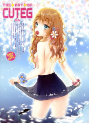 Rule 34 | 1girl, absurdres, blonde hair, blue eyes, breasts, censored, convenient censoring, cuteg, dengeki moeou, flower, flower bracelet, hair censor, hair flower, hair ornament, highres, long hair, looking back, mouth hold, ribbon, scan, see-through silhouette, skirt, skirt hold, solo, topless, wading, water, wet