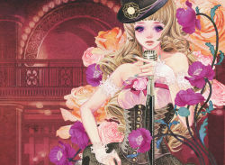Rule 34 | 1girl, architecture, arm strap, bare shoulders, blonde hair, blunt bangs, corset, drill hair, eyeshadow, fingerless gloves, flower, gloves, hat, lace, lips, makeup, matsuo hiromi, microphone, nail polish, orange flower, orange rose, parted lips, pink flower, pink rose, rose, solo