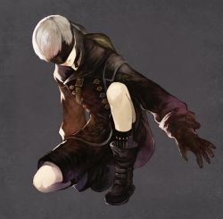 Rule 34 | 1boy, belt buckle, blindfold, boots, buckle, buttons, coat, covered eyes, gloves, hair over eyes, highres, kneeling, male focus, nier:automata, nier (series), on one knee, pale skin, short hair, shorts, simple background, solo, strap, white hair, yamano (umashio), 9s (nier:automata)