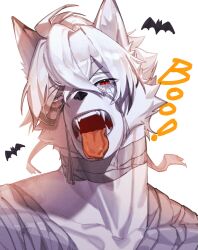 1boy animal_ears bat_(animal) colored_tips commentary english_commentary fangs furry furry_male half-closed_eyes hashtag-only_commentary heterochromia highres male_focus multicolored_hair mummy_costume muscular muscular_male open_mouth pluto_(pu94_d1de4c) red_eyes tongue tongue_out upper_body von_lycaon white_background white_eyes wolf_boy wolf_ears zenless_zone_zero